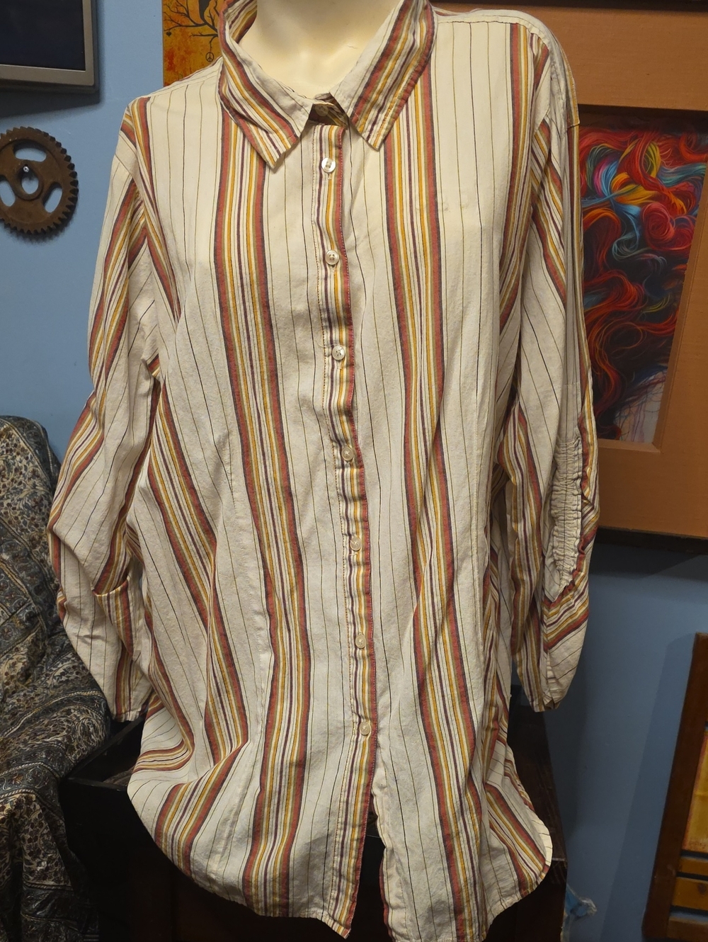 Roaman's Cream Button-Down Shirt with Red and Brown Stripes